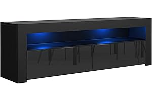 meble masztalerz Szafka RTV 130 cm - z niebieskimi LED - Czarna Fronty Wysoki Połysk - 2 x Drzwi - Szafka pod Telewizor - Wolnostojąca - Stolik do Salonu - 130x48,5x35 cm