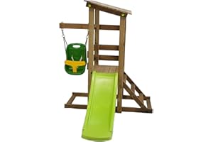 | MASGAMES | Mi Primer Parque Infantil Kilauea | Columpio con Silla de bebé | Casita de Madera elevada con tobogán | para niños de 1 a 4 años | Madera tratada para el Exterior |