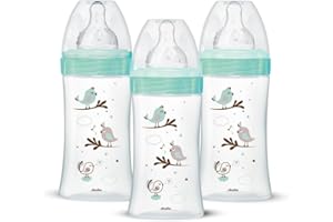 Dodie Lot de 3 Biberons Anti-Colique Initiation+ en verre, 270mL,0-6 Mois, tétine Ronde, Débit 2