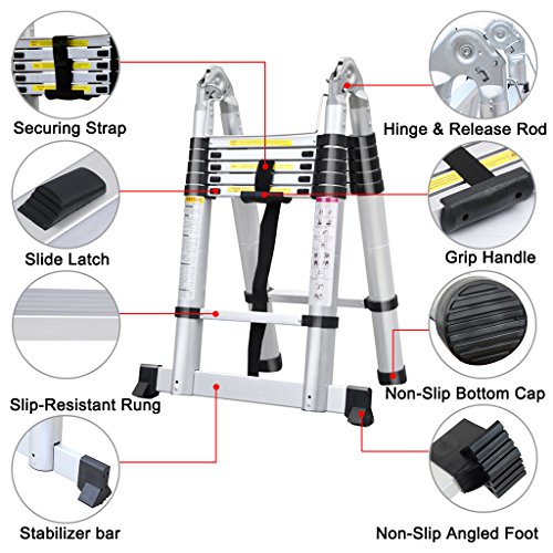 Finether 3.8M Teleskopleiter Klappleiter ausziehbare Leiter Aluleiter Mehrzweckleiter Ausziehleiter Stehleiter Anlegeleiter aus hochwertigem Alu Teleskop-Design 150 kg Belastbarkeit - 7