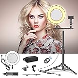 [Luz de Maquillaje con Trípode Ajustable] Extensible de 26cm a 44cm, simplemente bloquéelo en la longitud deseada para su uso preferido, puedes ponerlo en el piso o simplemente ponerlo en tu mesa para tu comodidad. La cabeza esférica del trípode admite una rotación de 360° para que el soporte del teléfono móvil y la luz del anillo cumplan con sus requisitos. El trípode en sí se puede usar como un palo selfie y un trípode para teléfono.