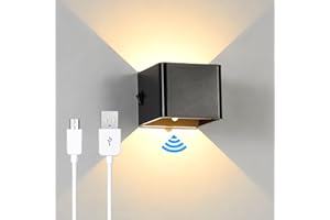 ACMHNC Aplique de Pared Interior con Sensor de Movimiento,5W USB recargable LED Lámpara de Pared sin cable con Interruptor, 2000mAh Batería, Blanco cálido Lámpara de pasillo magnética,negro