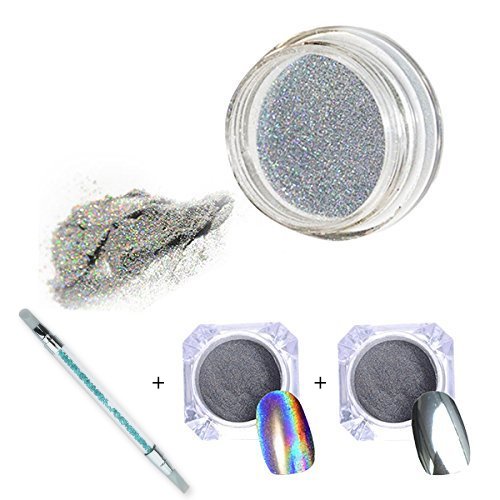 Spiegelpuder holographischer Regenbogen Silber 2 Kasten 1g / Kasten Pigment Puder Chrom Pigment Nagel Glitzern Puder Staub Nagel Pailletten