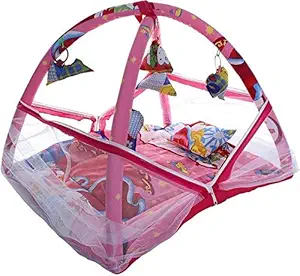 JEEYA Decor Baby Bedding Set with Mosquito Net Newborn Play Activity Gym with Hanging Toys Sleeping Bed for New Born Babies, Polycotton, 0-12 Months (78 * 63 * 58 cm, Pink)