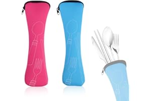 BQRKOTM 2 pezzi Borsa per posate, Portaposate da Viaggio, Borsa per Posate Portatile con Chiusura Lampo, Portaposate Vuota, Per viaggi, campeggio, picnic, scuola, pranzo, 24 x 6 cm (Blu e Rosa Rossa)