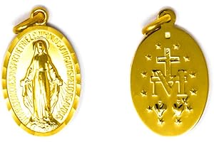 Catholic Gift Shop Ltd Gold Miraculous Medal with the Traditional M Surmounted by the Cross and the Immaculate Sacred Hearts Plus Lourdes Prayer Card