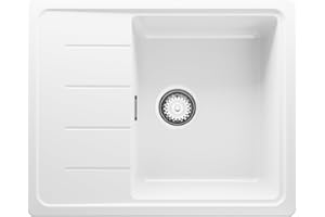 Fregadero Cocina 62 x 50 cm, Fregadero Granito Un Seno + Sifón Clásico, Fregadero Empotrado con Escurridor Copenhague 620-45 de Primagran, Blanco