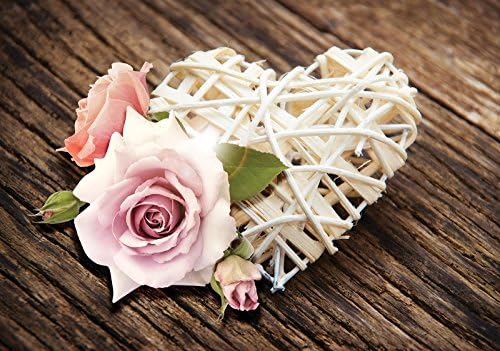 Welt-der-Träume | Photo Wallpaper Wall Mural 130gsm Non-Woven | Heart and Roses on Wood Planks | V4 (254cm. x 184cm.) | 3510V4-AW | Nature Plant White Heart Rose Wood Leaf Love
