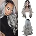 Eseewigs Synthetic Long Wave Ombre Wig Two Tones Black Rooted Grey Heat Resistant Cheap Middle Part Wig 130% High Density for Women