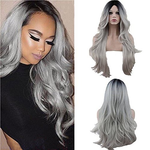 Eseewigs Synthetic Long Wave Ombre Wig Two Tones Black Rooted Grey Heat Resistant Cheap Middle Part Wig 130% High Density for Women