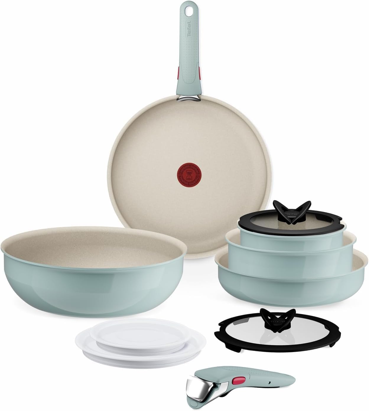 Tefal Ingenio Serenity - Juego de 2 Sartenes 22/28 cm + Wok 26 cm + 2 Cazos 16/20 cm + 4 Accesorios + 2 Mangos, Revestimiento Antiadherente, Apilable, Inducción, Apto lavavajillas y horno, Eucalipto