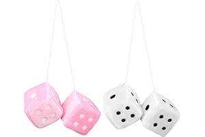 RUNEAY 2 Pairs Furry Dice for Car,Retro Fluffy Furry Dice for Home Car Interior Ornament Decoration Car Mirror Hanging Accessories(Pink & White)