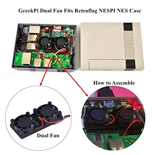 GeeekPi Ventilador de refrigeraci  n CPU silencioso Ventilador de ventilador doble Ventilador Disipaci  n de calor con 2 paquetes Kit de enfriamiento de cinta t  rmica para Raspberry Pi 3 2 Modelo B  Se adapta a Retroflag Nespi NES Case y NESPI CASE PLUS  V1 0 No para Pi 3B   