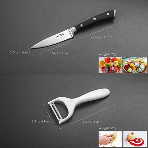 Aicok Messerset, 4-tlg., Messer Set mit Rostfreier Spezialstahl Kochmesser, Allzweckmesser, Schälmesser und Sparschäler, Schwarz - 4