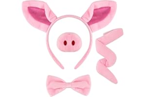 GegXcn 4 Piece Pig Costume Set with Adjustable Pig Ears Headband & Nose, Pigtail & Bow Tie, Pink Fancy Dress Accessories for Kids Halloween, Carnival, Themed Parties & Role Play