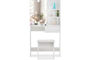 OFCASA White Dressing Table with Mirror and Stool Girls Vanity Table with Storage Drawer and Shelf Adjustable LED Lights Makeup Desk for Bedroom Dressing Room
