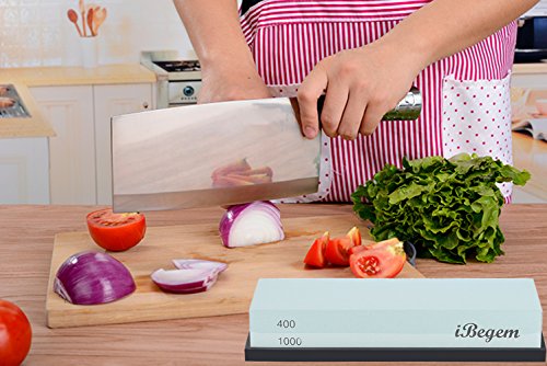 iBegem Schleifstein für Messer, Doppelseitiger Messerschärfer, Wetzstein Wasserstein Abziehstein mit Rutschfestem Halter, mit Körnung Grob 400 / Fein 1000, 180 * 60 * 30 mm (400/1000 Körnung) - 6