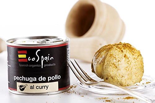 Natural salt-free canned chicken breast with curry 100 gr. Fitness food. Ready to consume. 29 Gr. of natural protein per can