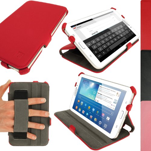 igadgitz Rot PU Ledertasche Hülle Cover für Samsung Galaxy Tab 3 7.0" SM-T210 mit Multi Winkelbetrachtungs Stand + Integrierte Handschlaufe + Displayschutzfolie