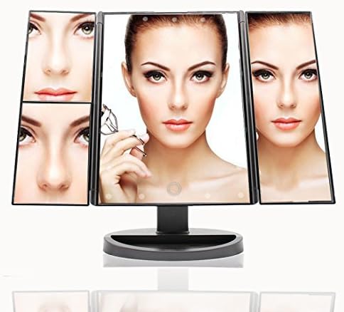 Tri-Fold Illuminated Vanity Mirror, 22 Pcs Led Lights Touch Screen Lighted Makeup Table Mirror with 180 Degree Free Rotation Countertop,Black