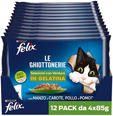 FELIX Le Ghiottonerie Cibo Umido per Gatti Adulti Bocconcini in Gelatina con Manzo e Carote, Pollo e Pomodoro, 48 Buste da 85 g - Cibo per Gatti completo e bilanciato
