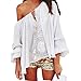 Produktbild feiXIANG Frauen Shirt Hemdkleid aus Beach Tops Stitching Schulterfrei Partykleider Shirt Outwear Locker Bluse Spitzen Häkeln Party Club Chiffon - Hemd Sommer Langarm Tops (S, Weiß)