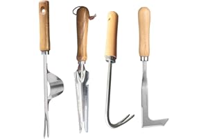 NAVESO 4 Pièce Desherbeur Manuel, Jardinière Manuelle, Outil de Désherbage en Acier Inoxydable, avec Poignée Bois Outil de Jardinage, Outil Gouge de Désherbage, pour Pelouse Et Jardin