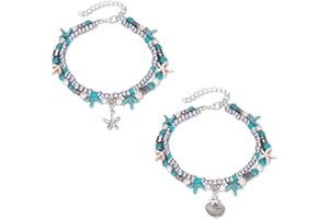 KZTHA 2 Stück Doppel-Fußkettchen im Boho-Stil aus Silber und mit Muscheln Seestern Knöchel-Armbänder geschichtet und verwoben Fußketten für Damen und Mädchen