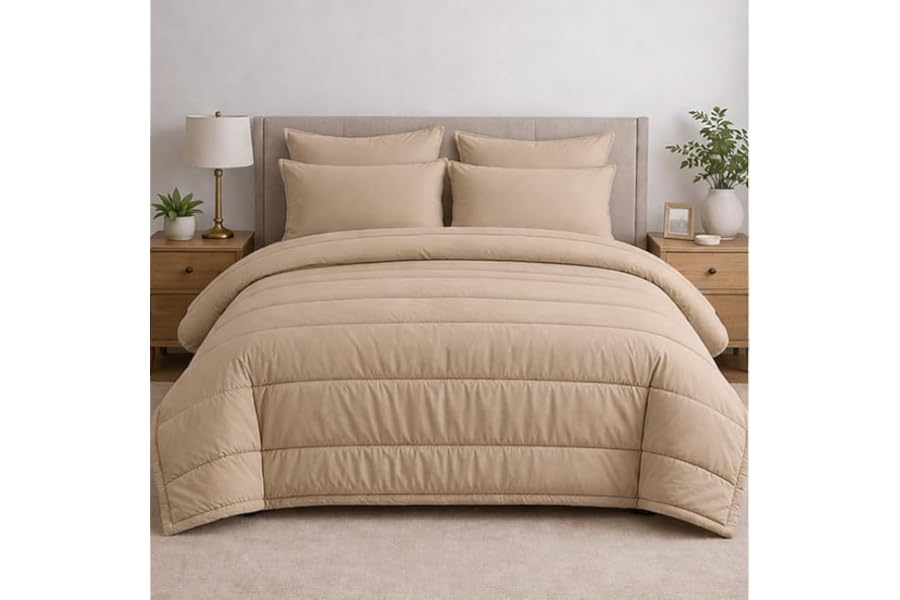 Relax Collection Comforter 5 Piece Set Plain (Dark Beige, Queen)