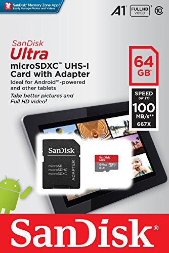 SanDisk Ultra 64GB microSDXC Speicherkarte + Adapter bis zu 100 MB/Sek, Class 10, U1, A1