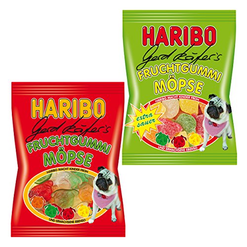 Haribo Gerd Käfer's Möpse Normal / Sauer Set, 2 Sorten, Gummibärchen, Weingummi, Fruchtgummi, Im Beutel, Tüten, 200 g Haribo Gerd Käfer's Möpse Normal / Sauer Set, 2 Sorten, Gummibärchen, Weingummi, Fruchtgummi, Im Beutel, Tüten, 200 g