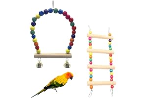 OUDQFCJ 2 Stück Vogelspielzeug Set, Vogelkäfig Spielzeug, Vogel Spielzeug, Glocke Holzleiter Vogelschaukel Sitzplatz Kauspielzeug für kleine Wellensittiche Papageien Sittiche Nymphensittich (Bunte)