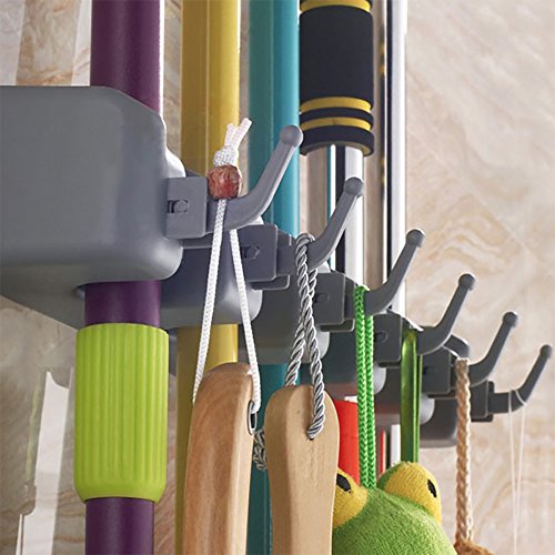 MPTECK @ Gerätehalter Besen Besen-Halter Storage-Mopp-Besen Wandhalterung 5 Position 6 Haken für Besen Mopp Gartenwerkzeuge Pinsel - 4