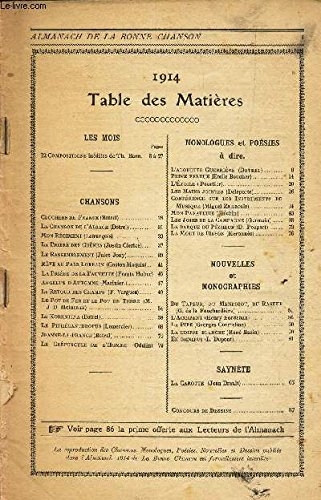 Download ALMANACH DE LA BONNE CHANSON - pour la famille et la jeunesse - ANNEE 1914 / Clochers de France / La chanson de l'Alsace / Mon regiment / La priere des chenes / LE rassemblement / Reve au pays lorrain etc...