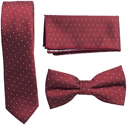 TIE005-Mens 3 Pcs Gift Set Silk Feel Skinny Neck Tie+Bow Tie+Hanky Burgundy Polkadot Print