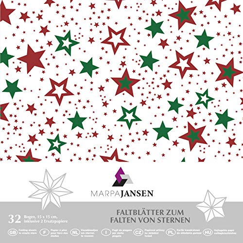 MarpaJansen Foldersys - Hojas de Papel para Origami (20 x 20 cm, 32 Hojas, 115 g/m²), diseño de Estrellas, Color Rojo y Verde