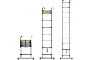 Multibao Telescopic Ladder 3.2M 10.5FT Aluminium Extension Loft Ladder with Stabilizer Bar and Detachable Hooks, Multi Purpose Extendable Portable Folding Ladders, EN131 (3.2M/10.5FT)