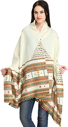 Exotic IndiaWomen's Shawl from Kutch with Woven Border and Embroidered Mirrors Pure Wool Shawl (SWK39-deep-claret)