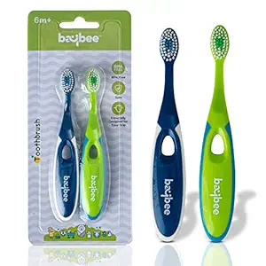 Baybee Ultra Soft Baby Toothbrush Set, BPA Free Baby Training Toothbrush Set with Soft Bristles & Easy Grip | Baby Kids Toothbrush | Infant Baby Brush Toothbrush Set for 6+ Months (Green with Blue)