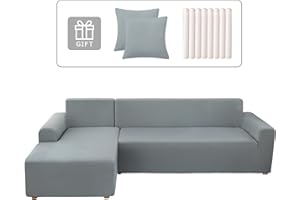 Lydevo Funda para Sofá Chaise Longue 2 Piezas Funda Cubre Sofá de Sofá Rinconera Forma de L Reversible con 2 Fundas de Almohada Elásticas Protector para Sofá Esquinero Derecho Izquierda,Gris Claro