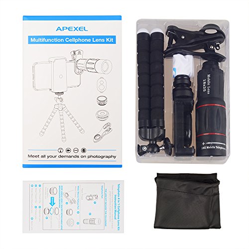 APEXEL Kit obiettivo fotocamera, telescopio monoculare 18x con oculare, obiettivo grandangolare 0,63x, obiettivo macro 15x, obiettivo fisheye 198 Â° , Treppiedi con montaggio su fotocamera flessibile con scatto remoto per iPhone Samsung e Huawei e piÃ¹ Andriod smartphone