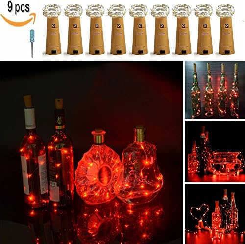 LXINGS Pack of 9 Cork Shape Mini String Lights,46cm/18in Silver Wire Light Starry Light For Bottle DIY, Wedding and Christmas Party (Red)