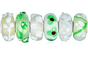 BLING JEWELRY Set Misto Di 6 Bundle Di Sfumature Traslucide Di Verde Vortice Floreale Di Murano Vetro Vortice Perlina Distanziatore .925 Nucleo D'Argento Sterling Si Adatta Braccialetto Europeo Per Le Donne Teen
