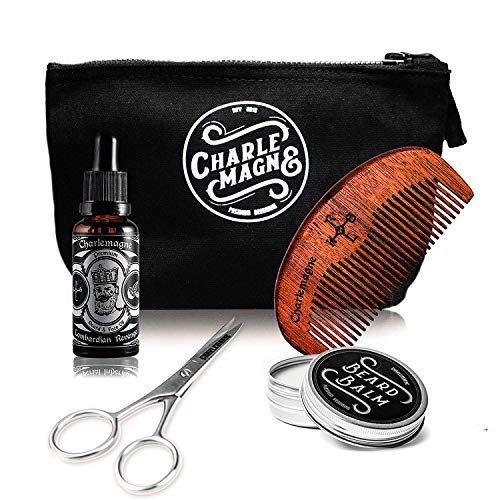 Charlemagne Bartpflege-Set Barber "Pro" - Zubehör für die Bart-Pflege - Bart-Öl mit Argan-Öl und Mandel-Öl Bio, Bart-Kamm, Bart-Schere, Bart-Balsam, Kulturbeutel - Ideales Geschenk-Set Männer & Herren