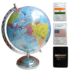 GeoKraft Educational Political Laminated 8 Inches Globe with Monuments Plus Bonus Card Game/ Steel Finish Arc and Base, Home Decor/Gift (Blue,Pack of 1)