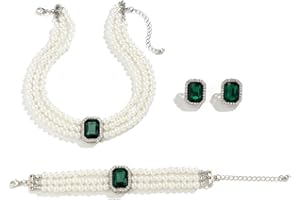 Cubahop Wedding Bride Pearl Gemstone Collana Bracciali e Orecchini Set Collana di Cristallo Del Partito Wedding Jewelry Set per Le Donne e Ragazze