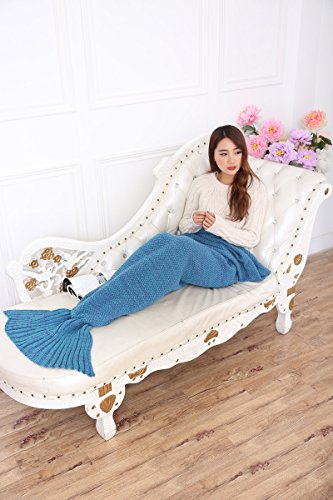 Warm und weich Meerjungfrau Schwanz Decke von aiqi, Handwerk Crochet Snuggle Cozy Fleece Sofa Bett Schlafsäcke, ideal Geschenke für Familienmitglieder oder Freunde – 70.8 * 34.5inch – Classic Lake Blue - 2