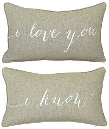 DecorHouzz EU I Love u I know Set of 2 Pcs Embroidered Pillow Case Pillow Cover Decorative Pillow Cushion Cover Couple Wedding Anniversary (12X20, Linen)