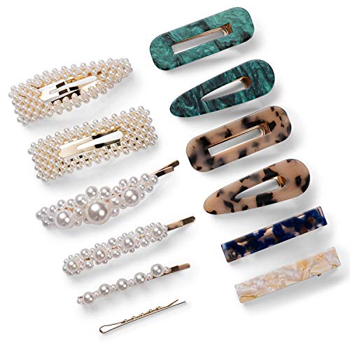 Katloo 12 piezas Clips femeninos Resina acrílica Mármol Pinza de pelo de cocodrilo Perlas artificiales para el cabello Perlas Base dorada Horquilla Boda Boda Dedos de moda diarios