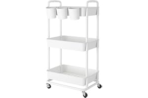 JIUYOTREE Carrito de Almacenamiento de plástico de 3 Niveles con Asas para Colgar adicionales, Ruedas bloqueables para Sala de Estar, baño, Cocina, Oficina, Color Blanco